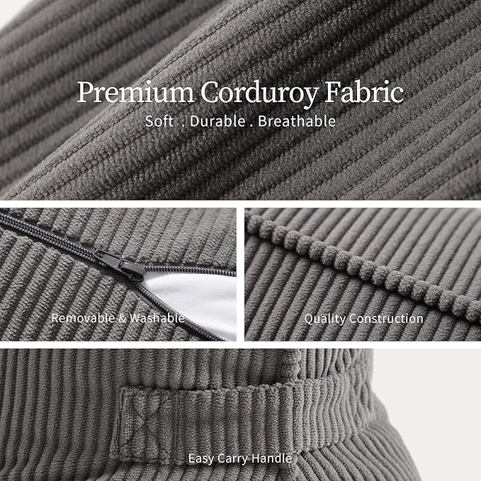 Pat. Pend. Corduroy Lumbar Support Backrest Pillow for Sitting & Reading, Ergonomic Triangle Cushion for Sofa, Armchair & Bed, Removable Cover, Dark Grey