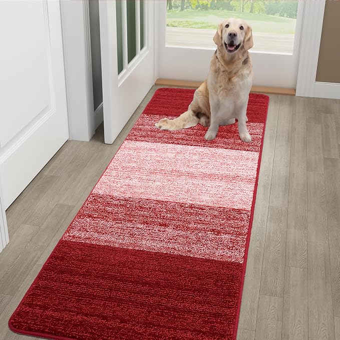 Kitinjoy Indoor Outdoor Door Mat, 48x30 Non-Slip Absorbent Dirt Trapper, Low-Profile Washable Inside Entrance Front Floor Mat, Sturdy Soft Entry Doormats for Entryway, Burgundy