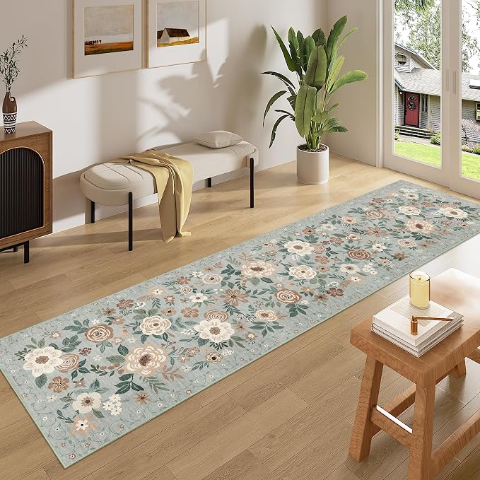DUKINO 2x8 Runner Rug for Hallway, Washable Kitchen Runner Rug with Rubber Backing Non Slip, Low Pile Soft Boho Floral Thin Carpet for Entryway, Hallway, Bathroom, Laundry Room, Sage Green