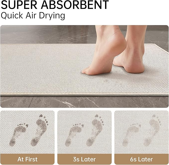 Mecko Bath Mat, Ultra Absorbent Quick Dry Bathroom Floor Mats-Upgraded Thin Cozy Cloth Bathroom Mat Fit Under Door, Rubber Non-Slip Bathroom Rug for Bathtub, Sink, Shower Room(Oatmeal,20"x32")