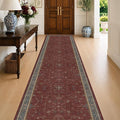 Large Burgundy 3x12 Long Runner Rug for Hallway - Washable Kitchen Rug, Low Pile Thin Carpet for Bedroom Bedside, Foyer, Non Slip Unique Bohemian Red Décor
