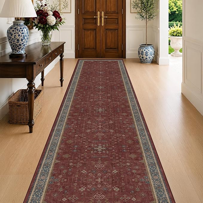 Large Burgundy 3x12 Long Runner Rug for Hallway - Washable Kitchen Rug, Low Pile Thin Carpet for Bedroom Bedside, Foyer, Non Slip Unique Bohemian Red Décor