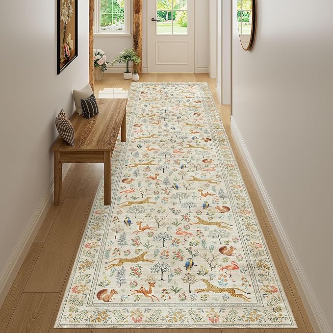 DUKINO 3x12 Runner Rug, Non Slip Animal Print Runner Rug for Hallway, Vintage Low Pile & Stain Resistant Soft Indoor Long Carpet Runner for Kitchen, Bathroom, Laundry, Bedroom, Beige
