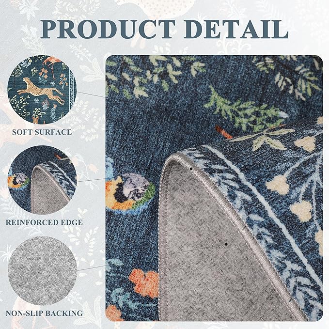 DUKINO 3x5 Rug, Washable Animal Area Rug with Non Slip Vintage Design, Indoor Soft Low Pile Carpet for Bedroom, Nursery, Dining Room, Farmhouse, Playroom, Blue