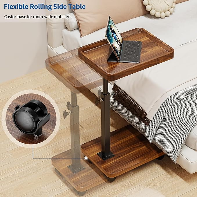 C Table End Table Adjustable Height, 360°Swivel TV Tray Table for Small Spaces, Side Tables with Wheels for Living Room and Bedroom, Bed (Walnut)