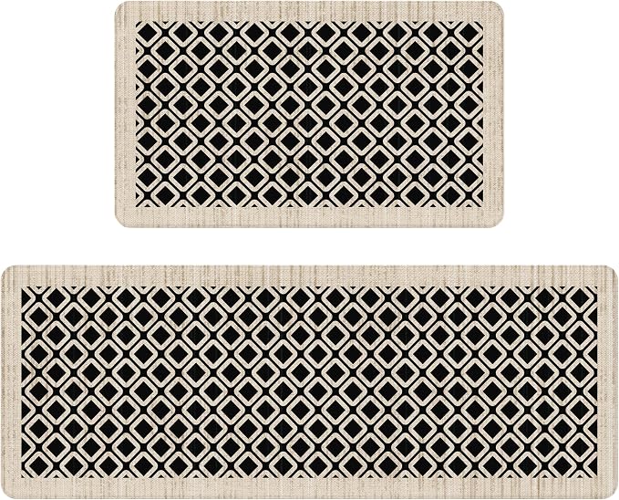 Black Vintage Geometric Elegance Grid Kitchen Rug Sets [2 PCs], Anti-Fatigue, Waterproof Non-Slip Kitchen Mats Heavy Duty Comfort Foam Rug for Kitchen, Floor, Laundry,17"x29"+17"x47"