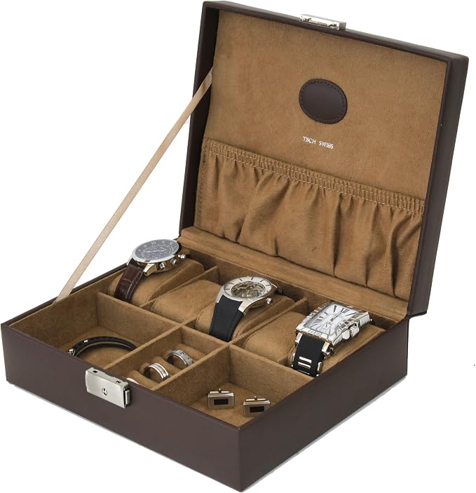 Tech Swiss Valet for Watches Jewelry Cuff links Leather Compact (Brown)