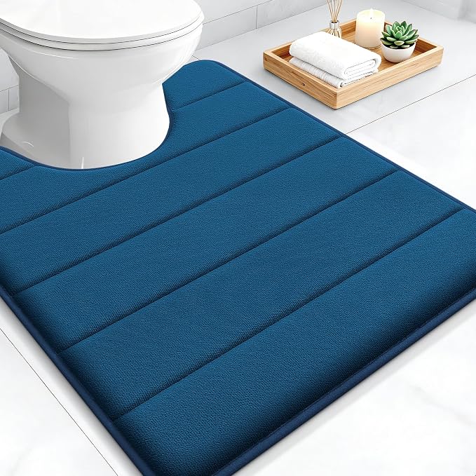 OLANLY Memory Foam Toilet Rugs U Shaped 24x20, Super Soft Absorbent Contour Bath Rugs, Quick Dry, Machine Washable Toilet Mat, Bathmat Floor Carpet, Bathroom Home Decor Accessories, Navy Blue