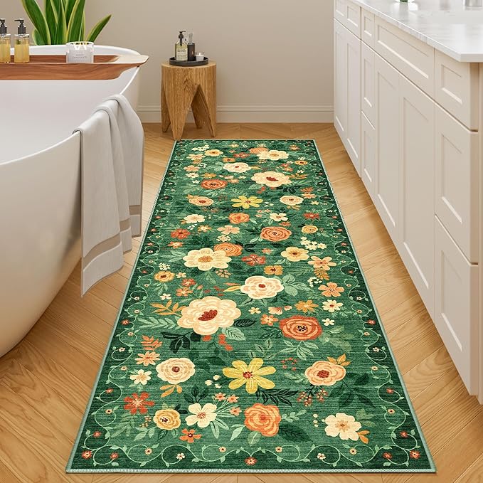 DUKINO 2x6 Runner Rug for Hallway, Washable Kitchen Runner Rug with Non Slip Backing, Low Pile Soft Boho Floral Runner for Kitchen, Hallway, Entryway, Laundry, Bedroom, Dark Green