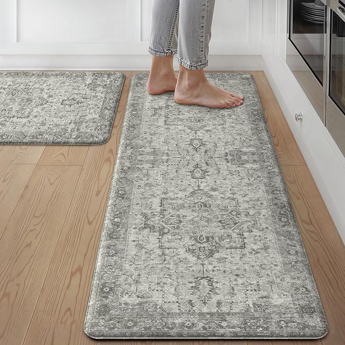 GENIMO Kitchen Mats for Floor 2PCs, Washable Anti Fatigue Mat for Cushioned, 17.3"x47"+17.3"x30", Waterproof Kitchen Rugs, Non Slip Comfort Standing Mat Rug for Home, Sink, Laundry, Stone Gray