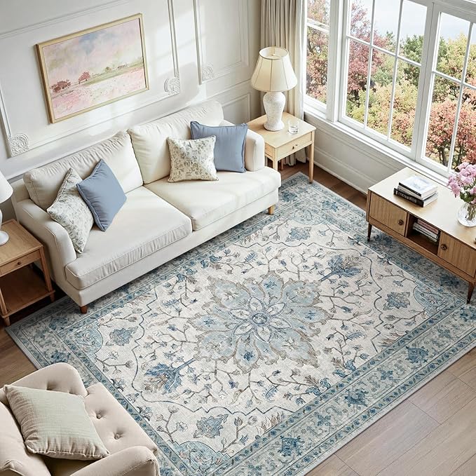 RELEANY Area Rugs 5'x7' Washable Non-Slip, Floral Vintage Distress Medallion Carpet for Living Room Bedroom Dining Room, Light Blue Navy Gray White