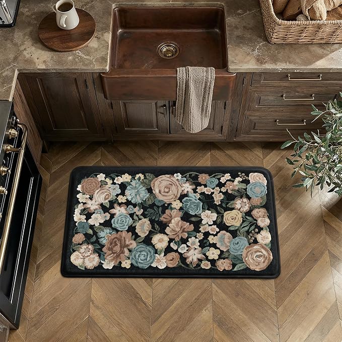 PureCozy Kitchen Mats 2PCS Anti Fatigue Cushioned Mat Non Slip Floral Kitchen Mats for Floor Waterproof Comfort Standing Black Farmhouse Rug for Sink Laundry Office Desk 17.3"x47"+17.3"x30"