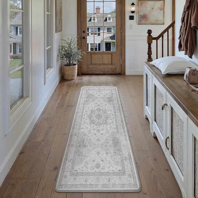 PureCozy Kitchen Mats 2PCS Anti Fatigue Cushioned Mat Gray Vintage Kitchen Mats for Floor Waterproof Non Slip Comfort Standing Oriental Medallion Grey Rug for Sink Laundry Office 17.3"x59"+17.3"x30"