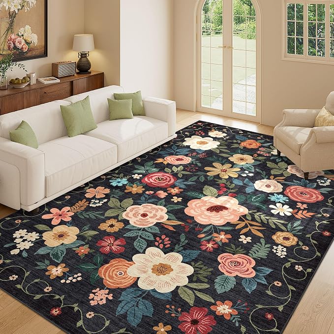 DUKINO Washable 5x8 Area Rug for Living Room, Lightweight Non Slip Floral Bedroom Rug with Non Shedding Design, Soft Low Pile Large Indoor Carpet for Dining Room, Kids Playroom, Nursery, Office, Black