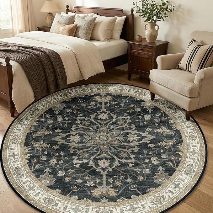 RELEANY Area Rugs Round 6ft Washable Non-Slip, Floral Vintage Distress Medallion Carpet for Living Room Bedroom Dining Room, Vintage Black Brown Neutral