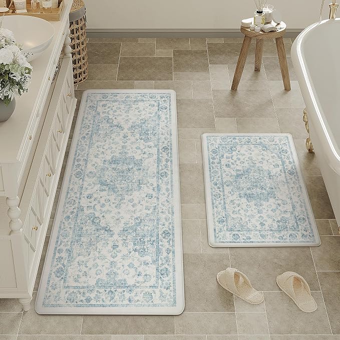 Anti Fatigue Kitchen Mats 2PCS Blue Neutral Mats for Cushioned Vintage Kitchen Matss for Floor Non-Slip Waterproof Comfort Standing Rug for Sink Laundry Office 17.3"×47"+17.3"×30"