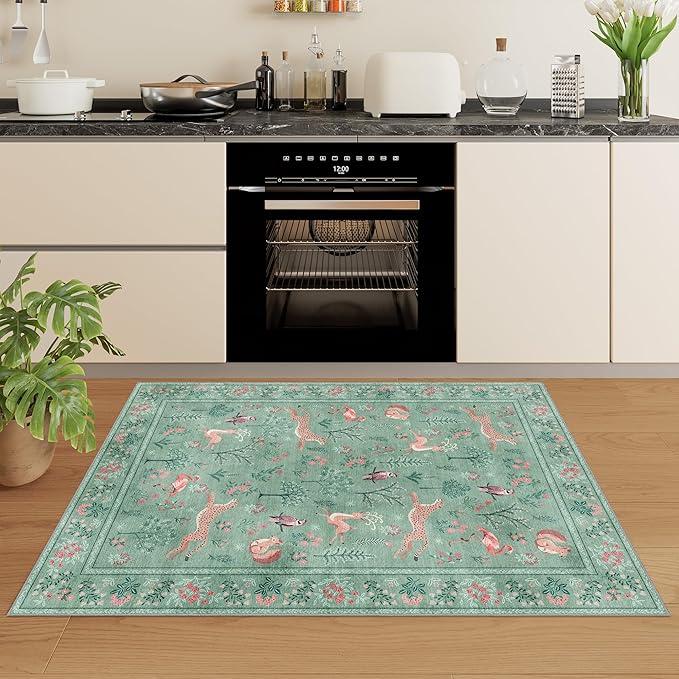 DUKINO 2x3 Rug, Washable Animal Rugs for Entryway, Non Slip Indoor Door Mat, Soft Low Pile Small Area Carpet for Entrance, Bedroom, Kitchen, Laundry, Bathroom, Teal