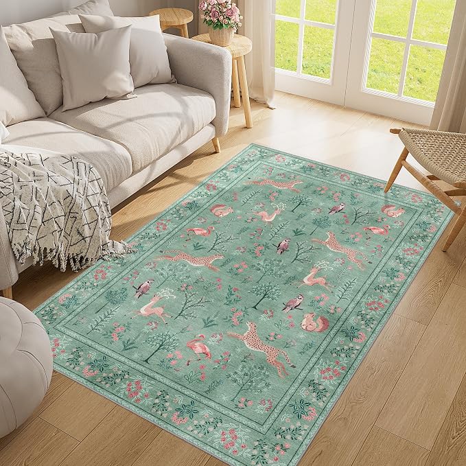 DUKINO 3x5 Rug, Washable Animal Area Rug with Non Slip Vintage Design, Indoor Soft Low Pile Carpet for Bedroom, Nursery, Dining Room, Farmhouse, Playroom, Teal