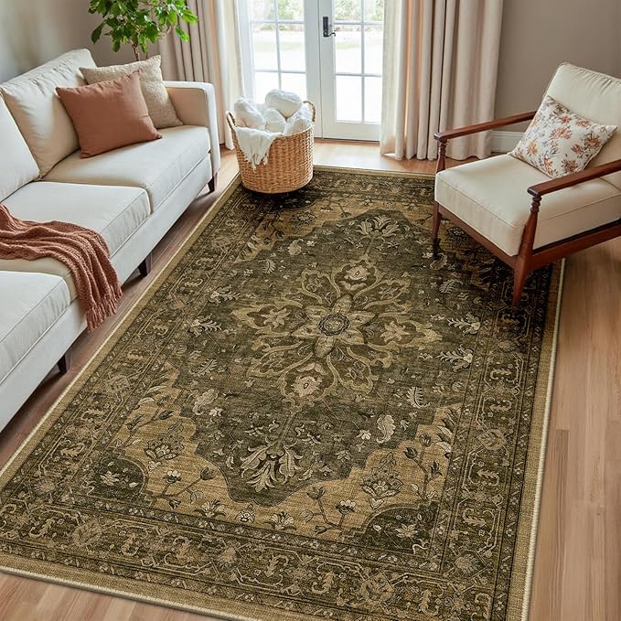 RELEANY Area Rugs 5'x8' Washable Non-Slip, Floral Vintage Distress Medallion Carpet for Living Room Bedroom Dining Room, Brown Dark Brown