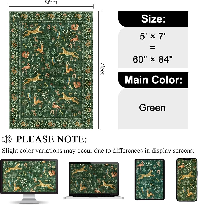 DUKINO 5x7 Rug, Washable Animal Living Room Rug with Non Slip Vintage Design, Soft Low Pile Large Carpet for Bedroom, Nursery, Dining Room, Farmhouse, Playroom, Green
