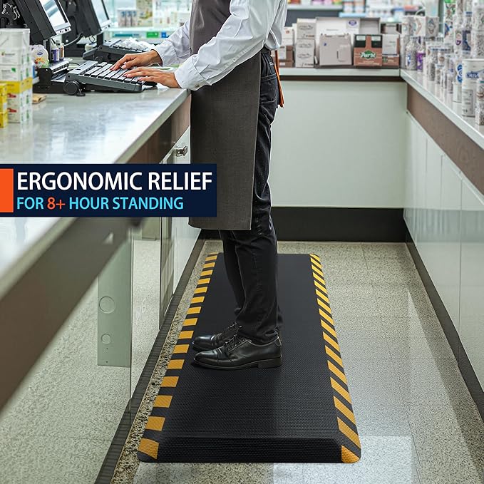 FEATOL Anti Fatigue Mat Industrial, Ergonomic Standing Floor Mat for Work for Stand -Safety Support for Leg & Back Pain(Yellow Border, 20" x 48", 1PC)