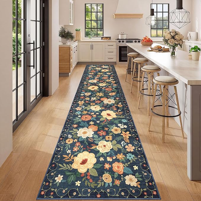 DUKINO 2.6x12 Kitchen Runner Rug, Lightweight Floral Washable Rug for Hallway, Boho Low Pile & Non Slip Backing Soft Floor Carpet for Entryway, Bedroom, Bathroom, Laundry, Navy Blue