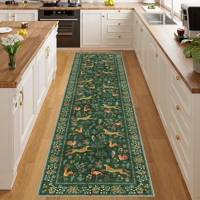DUKINO Runner Rug, 2x8 Boho Kitchen Rug for Hallways with Low Pile Design, Washable Non Slip Backing Soft Floral Runner for Kitchen, Hallway, Entryway, Bedroom, Laundry, Green