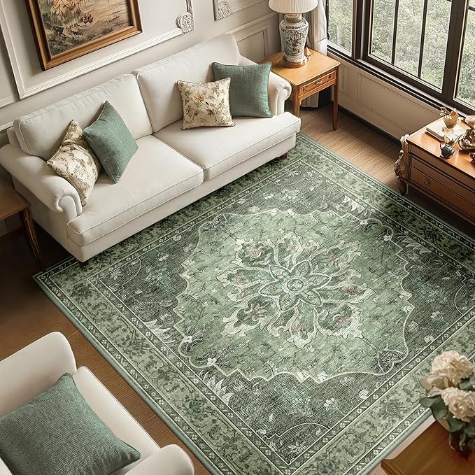 RELEANY Area Rugs Square 6ft Washable Non-Slip, Floral Vintage Distress Medallion Carpet for Living Room Bedroom Dining Room, Dark Green Gray