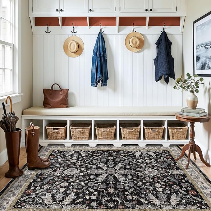 4x5 Kitchen Rug Washable Non-Slip – Soft Low Pile Indoor Carpet for Entryway Bathroom Living Room Bedroom – Boho Floral Small Throw Area Rug (Black,4x5)