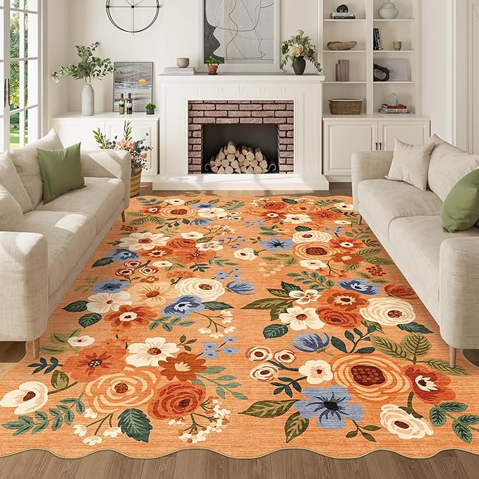 DUKINO 6x9 Area Rug, Floral Washable Rugs for Living Room with Non Slip Backing & Non-Shedding, Lightwight Low Pile Boho Design Large Carpets for Bedroom, Living Room, Dining Room, Orange