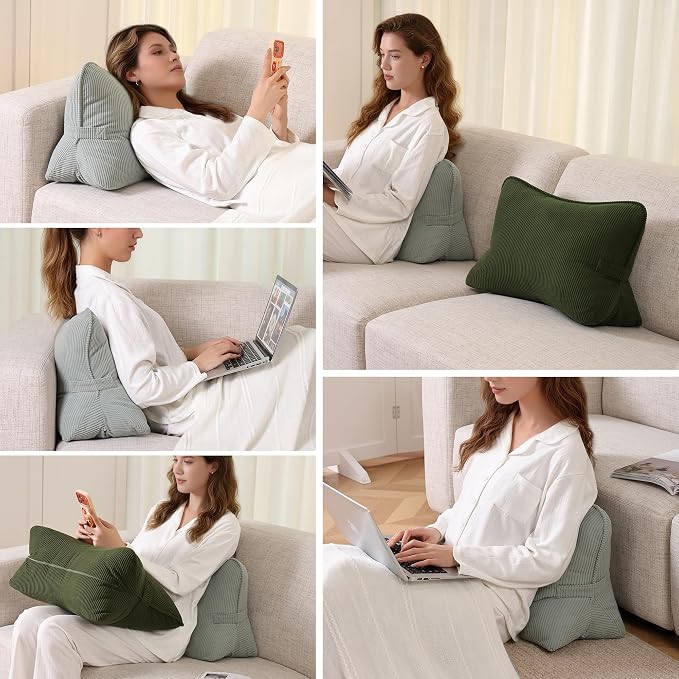 Pat. Pend. Corduroy Lumbar Support Back Pillow for Sitting Up & Reading, Ergonomic Triangle Back Support Cushion for Sofa, Armchair & Bed, Removable Washable Cover, Grey Green