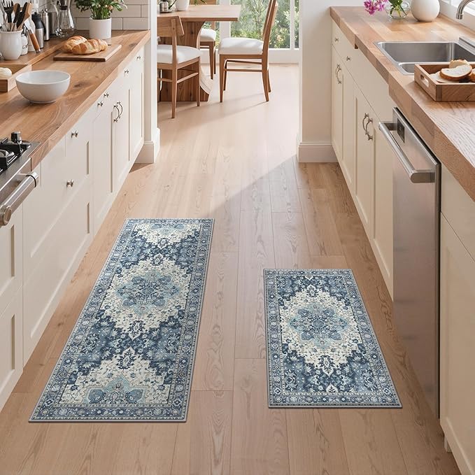 GENIMO Kitchen Rugs Non Slip Washable, 2PCS Kitchen Mats for Floor, Cushioned Standing Mat, Kitchen Runner Rug Floor Mat for Hallway, Laundry, Sink, Entryway, Home, 20"x32"+20"x48", Navy Blue