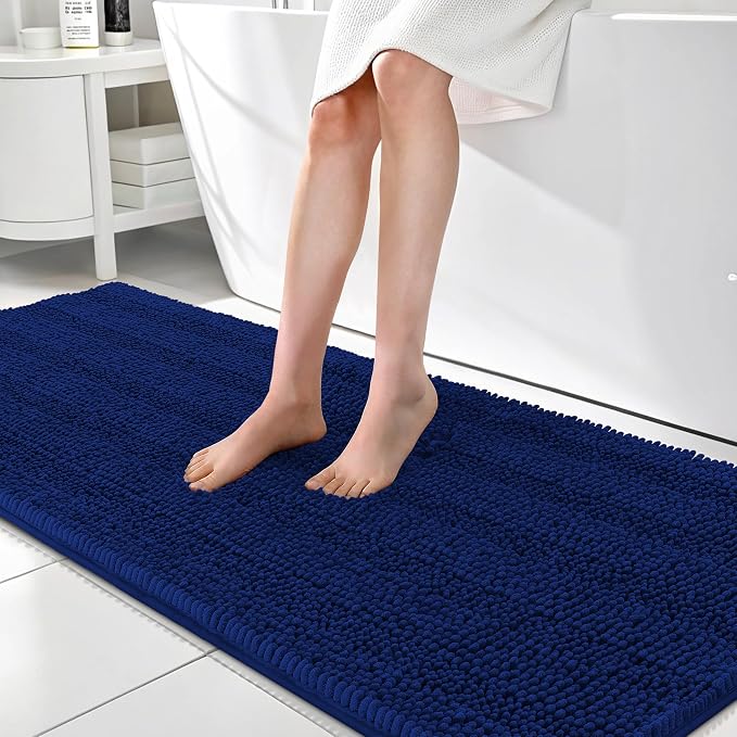 OLANLY Thick Bathroom Runner Rugs 70x24, Absorbent Chenille Striped Bath Rugs, Rubber Backing, Machine Wash Dry, Extra Long Bath Mats for Bathroom Floor, Tub and Shower, Home Decor Accessories, Navy