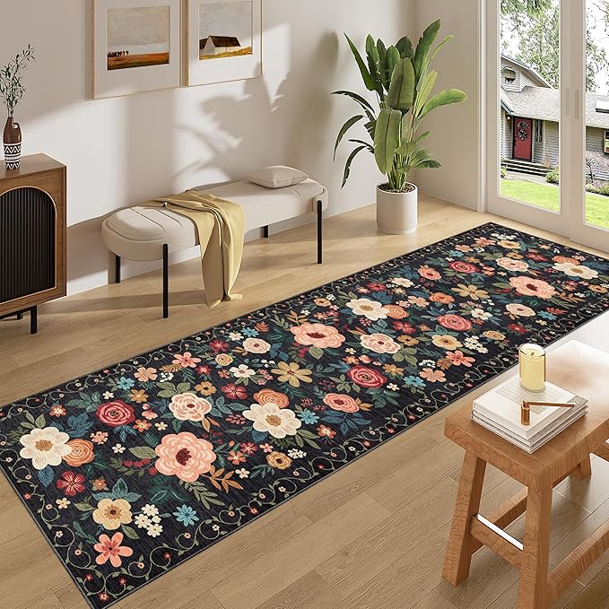 DUKINO 2x8 Runner Rug for Hallway, Washable Kitchen Runner Rug with Rubber Backing Non Slip, Low Pile Soft Boho Floral Thin Carpet for Entryway, Hallway, Bathroom, Laundry Room, Black