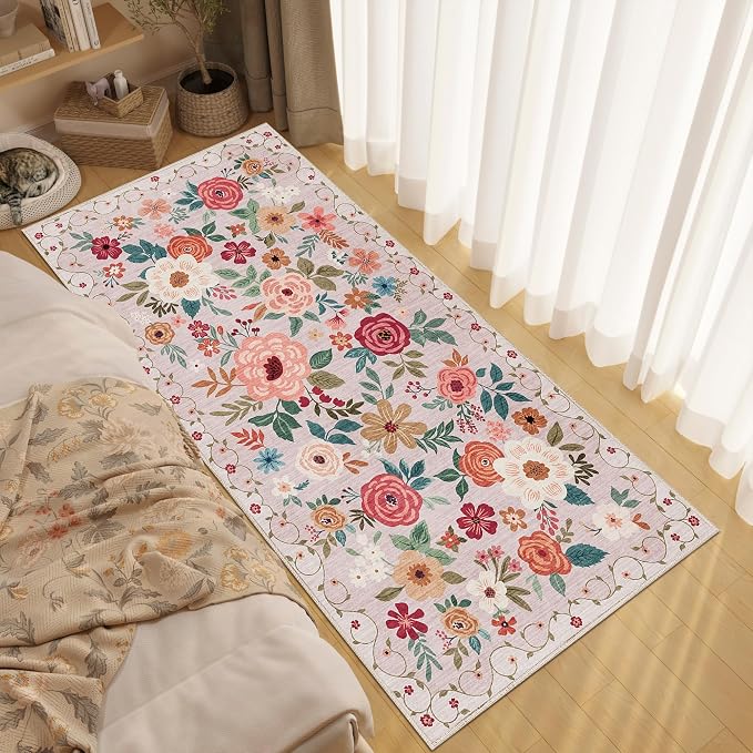 DUKINO 3x6 Runner Rug, Washable Soft Floral Hallway Runner Rug with Non Slip, Low Pile Thin Floor Carpet for Kitchen, Bathroom, Entryway, Laundry, Entryway, Beige