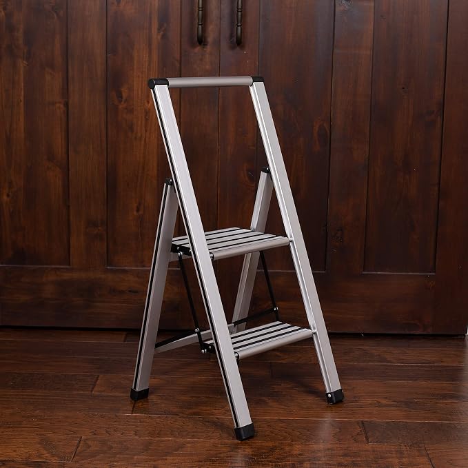 BIRDROCK HOME 2 Step Ladder | Folding Anti-Slip Step Stool, 250 lb Capacity | Lightweight, Slim & Sturdy Design for Household, Kitchen, Garage, Indoor & Outdoor Use | Collapsible, Portable, Heavy-Duty