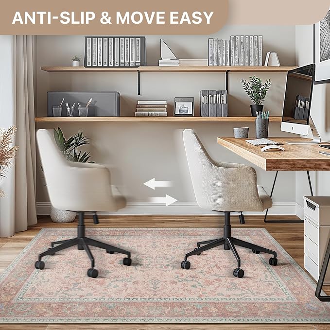 48"x60" Office Chair Mat for Hardwood Tile Floor, Under Desk Carpet Protector for Rolling Computer Chair Mat, Machine Washable Area Rug, Anti-Slip 1/5" Thick Low Pile Thin Vinyl Floor Mat, Pink