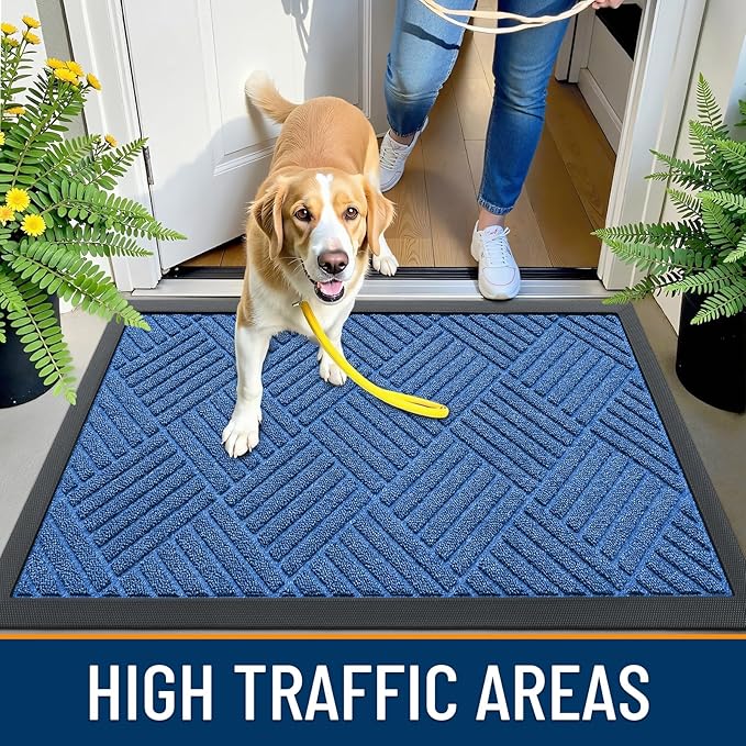 OLANLY Front Door Mat Outside Entrance 47x32, Absorbent, Heavy Duty Sturdy Natural Rubber Doormat Indoor Outdoor, Stain Fade Resistant, Non-Slip Low Profile Floor Mat for Entryway, Ocean Blue Diamond