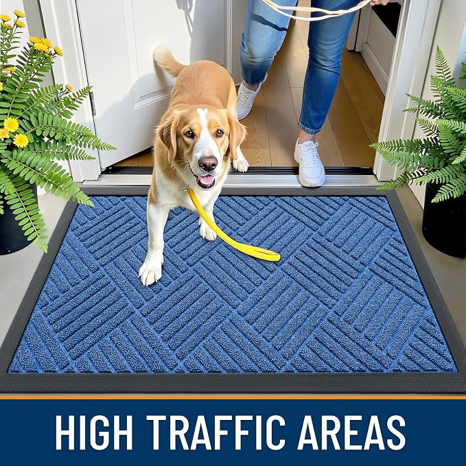 OLANLY Front Door Mat Outside Entrance 35x23, Absorbent, Heavy Duty Sturdy Natural Rubber Doormat Indoor Outdoor, Stain Fade Resistant, Non-Slip Low Profile Floor Mat for Entryway, Ocean Blue Diamond