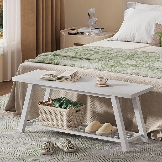Oastreeful Industrial Entryway Bench Rustic Wood and Metal Storage Bench for Indoor Living Dining Room Bedroom Long Shoe Benches Seat (White)