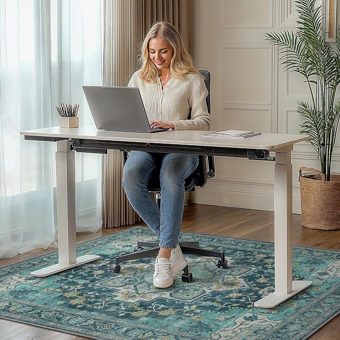 48"x60" Office Chair Mat for Hardwood Tile Floor, Under Desk Carpet Protector for Rolling Computer Chair Mat, Machine Washable Area Rug, Anti-Slip 1/5" Thick Low Pile Thin Vinyl Floor Mat, Turquoise