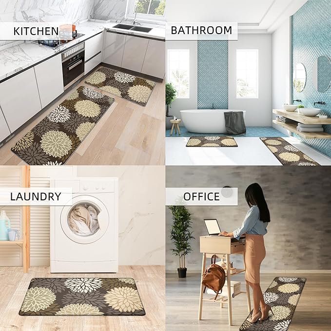 Kitchen Mats Set of 2 Cushioned Anti Fatigue Kitchen Rugs Non Slip Waterproof Kitchen Runner Memory Foam Floor Mat Comfort Standing Mat for Sink,Office,Laundry, Dark Brown