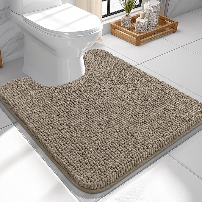 OLANLY Toilet Rugs U-Shaped 24x24, Extra Soft Absorbent Chenille Contour Bathroom Rugs for Toilet, Dry Quickly, Machine Washable, Non-Slip Bath Mat, Warm Taupe