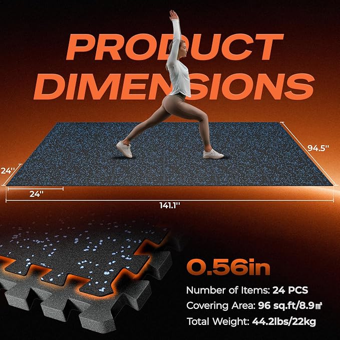 SUPERJARE 0.56'' Thick 24 Pcs 96 Sq Ft Rubber Top Exercise Equipment Mats, High Density EVA Foam Mats with Rubber Top, Interlocking Gym Flooring for Home Gym, Protective Workout Mat, Black/Blue