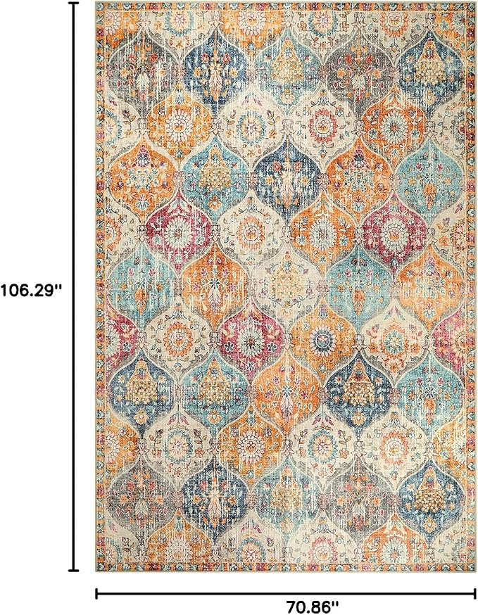 Lahome Moroccan 6x9 Rugs for Living Room, Soft Washable 6x9 Area Rug for Bedroom, Ultra-Thin Oriental Trellis Non Shedding Throw Large Carpet for Dining Room Office Elise, Cream/Multi