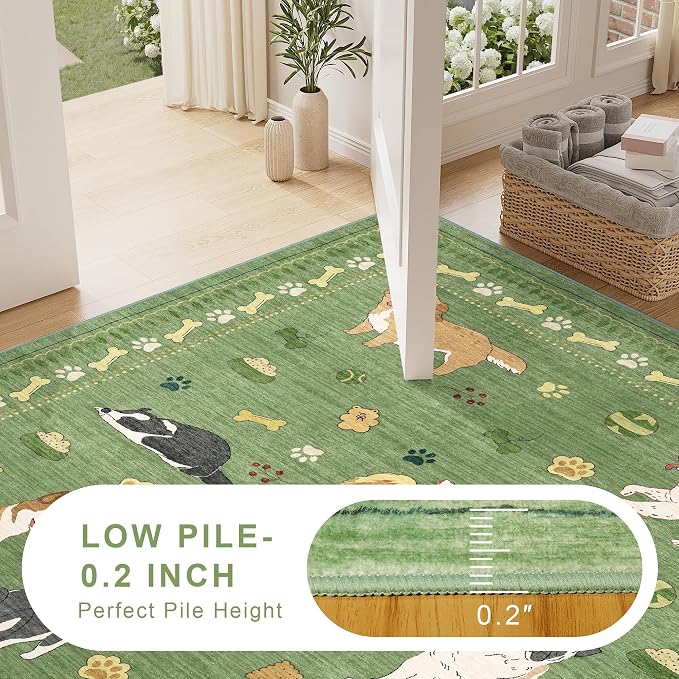 DUKINO 2.6x8 Washable Runner Rug for Hallway, Non Slip Animal Dog Kitchen Rug with Low Pile Design, Ultra Soft & Stain Resistant Indoor Carpert Runner for Entryway, Bedroom, Laundry, Bathroom, Green