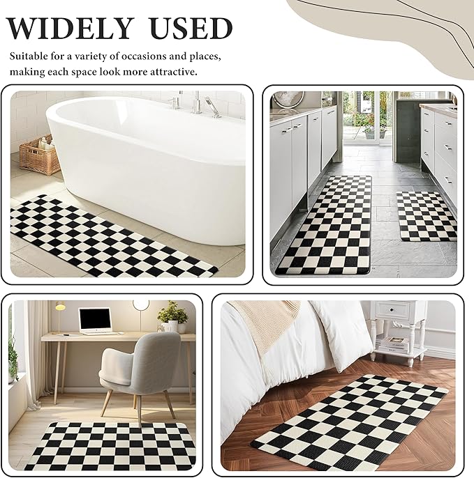 Beige Black Checkered Grid Checkerboard Kitchen Rug Sets [3 PCs], Anti-Fatigue, Waterproof Non-Slip Kitchen Mats Heavy Duty Ergonomic Comfort Foam Rug for Floor, Laundry,17" Wx29/47/59“L