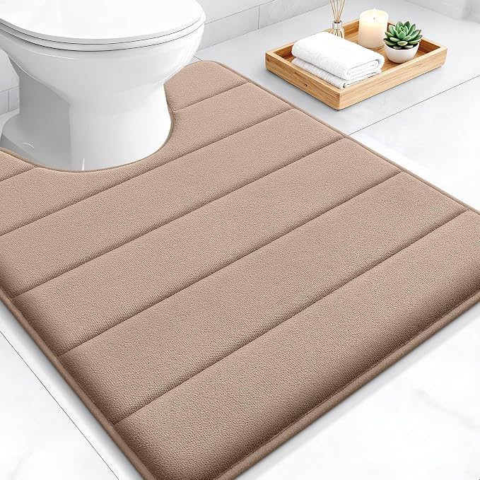 OLANLY Memory Foam Toilet Rugs U Shaped 24x20, Super Soft Absorbent Contour Bath Rugs, Quick Dry, Machine Washable Toilet Mat, Bathmat Floor Carpet, Bathroom Home Decor Accessories, Tan
