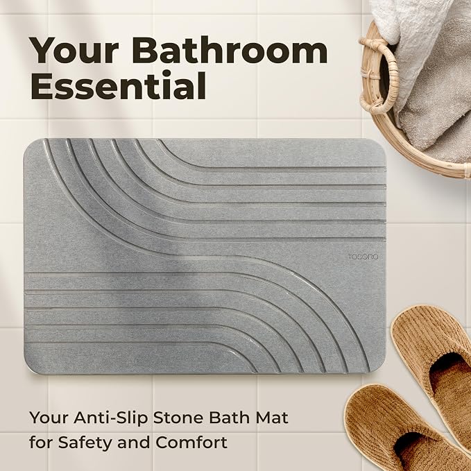 TOSORO - Stone Bath Mat Diatomaceous Earth Shower Mat Non-Slip Super Absorbent Diatomite Stone Bath Mats for Bathroom Floor Quick Drying Natural Easy to Clean (23.5 x 15) - Graphite, 2pcs