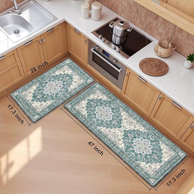 Boho Kitchen Mats for Floor 2 Piece Set Anti Fatigue Cushioned PVC Kitchen Rugs Non Slip Waterproof Farmhouse Mats 2/5 Inch Comfort Standing Mat for Sink, Laundry, 17.3"x47"+17.3"x28", Blue Green